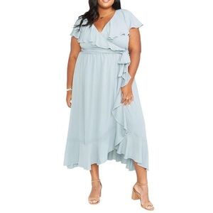 SHOW ME YOUR MUMU Jess Ruffle MIDI Dress Steel Blue Chiffon Size 3x Belted